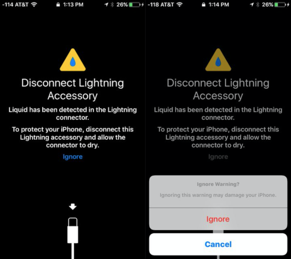 iOS 10 avviso acqua connettore Lightning