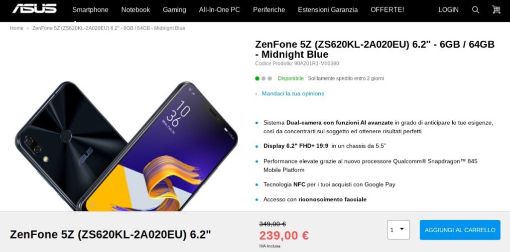 Asus Zenfone 5Z disponibile sullo store ufficiale a 239 euro