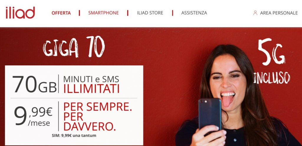 Iliad Giga 70: minuti ed sms illimitati + 70 GB in 5G al mese a 9,99 euro