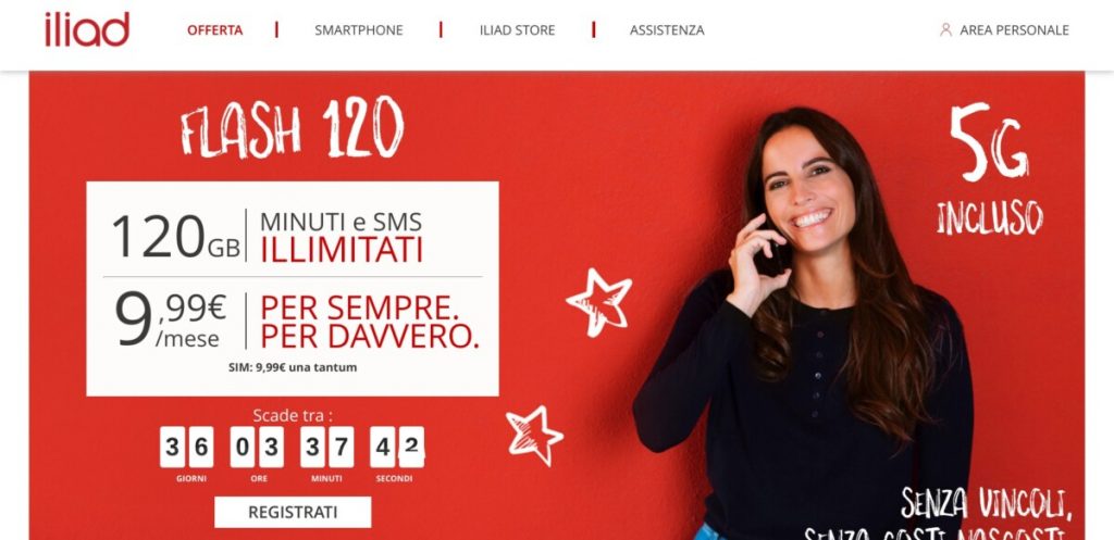 Iliad Flash 120: minuti ed sms illimitati + 120 GB in 5G al mese a 9,99 euro fino al 30 giugno 2021