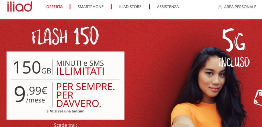 Iliad Flash 150: minuti ed sms illimitati + 150 GB in 5G al mese a 9,99 euro