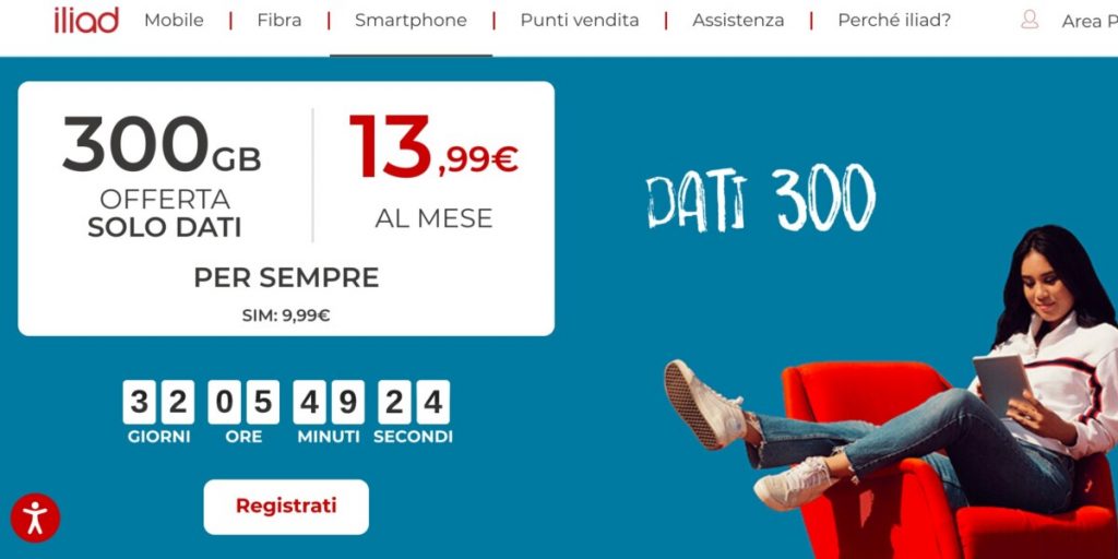 Iliad ripropone la sua offerta solo dati: 300 GB a 13,99 euro al mese