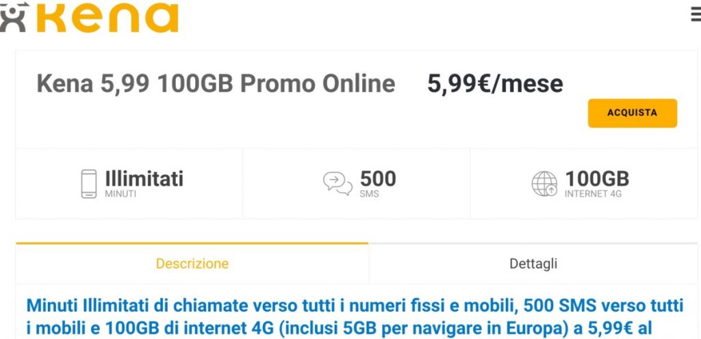 Kena 5,99 100GB Promo Online: 100 GB a 5,99 euro al mese per chi fa portabilità