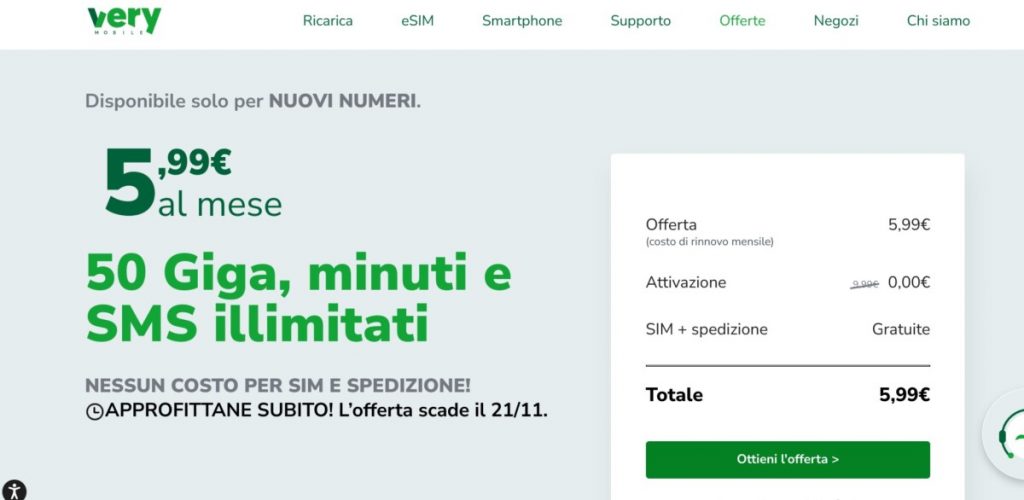 Very Mobile lancia l’offerta Very 5,99 per nuovi numeri (fino al 21 novembre)