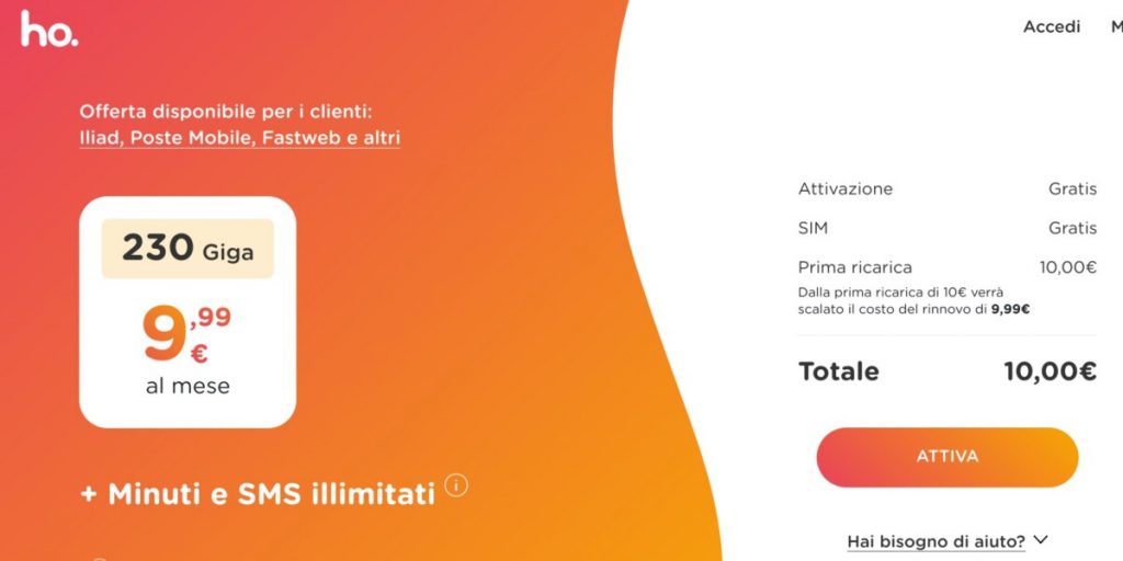 Ho mobile: 230 GB, minuti ed sms illimitati a 9,99 euro per chi fa portabilità