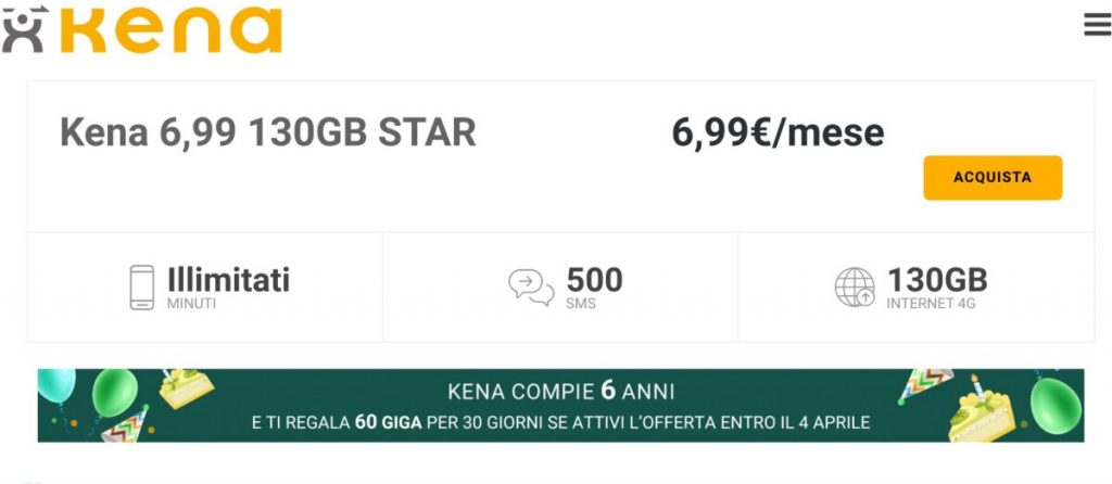 Kena 6,99 130 GB STAR: 130 GB a 6,99 euro al mese per chi fa portabilità