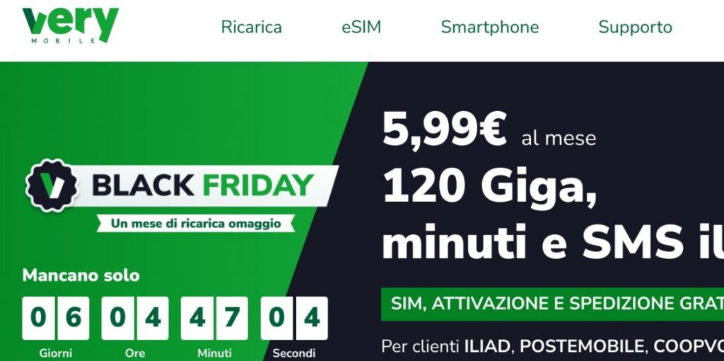 Very Mobile Black Friday: un mese di ricarica omaggio per chi cambia operatore