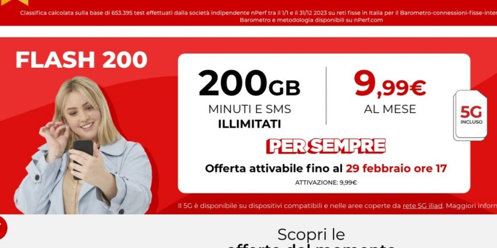 Iliad Flash 200 5G: minuti, sms illimitati + 150 GB in 5G al mese a 9,99 euro